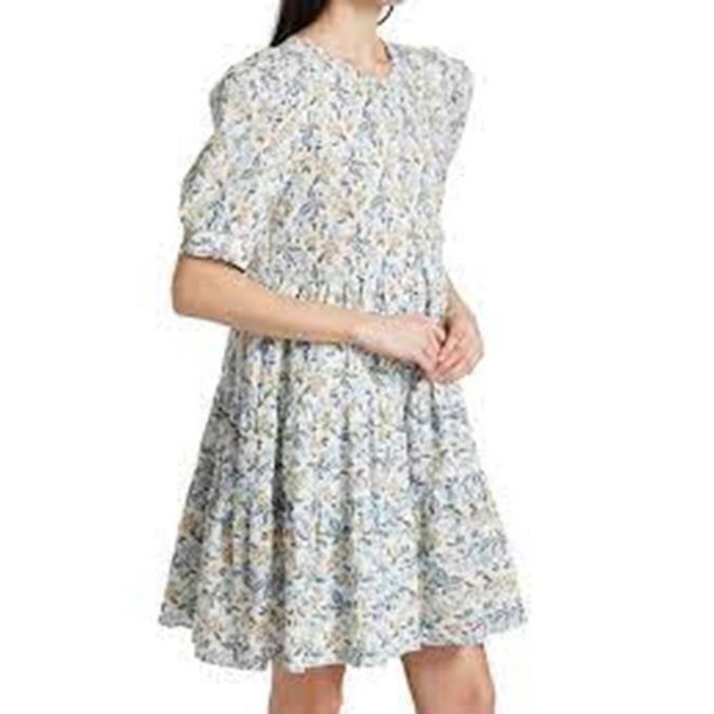 NWT EN SAISON Floral Stitch Puff Sleeve Ruffled Mini Dress Back Tie Size L Large
